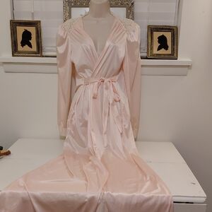 Elegant Pink Satin Robe with Lace Details